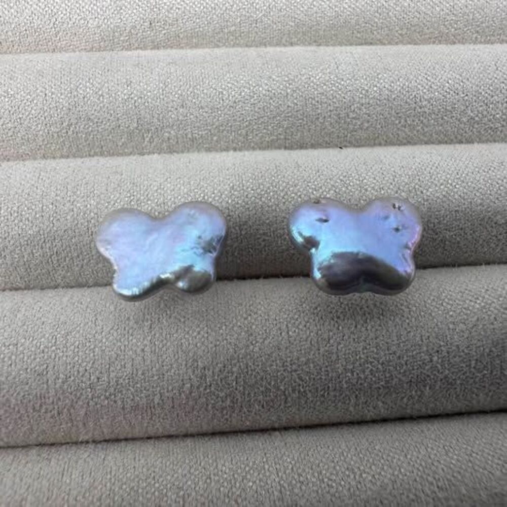 Butterfly Baroque Pearl Stud Earrings Iridescent Silver Blue 11mm
